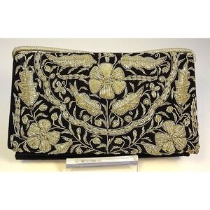 Rare Vintage 70s Zardozi Gold Thread Beaded‎ Black Velvet Clutch Made in India